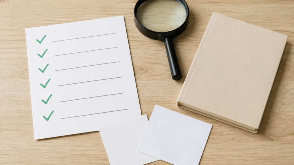 Blank checklist and magnifying glass for checking order record details