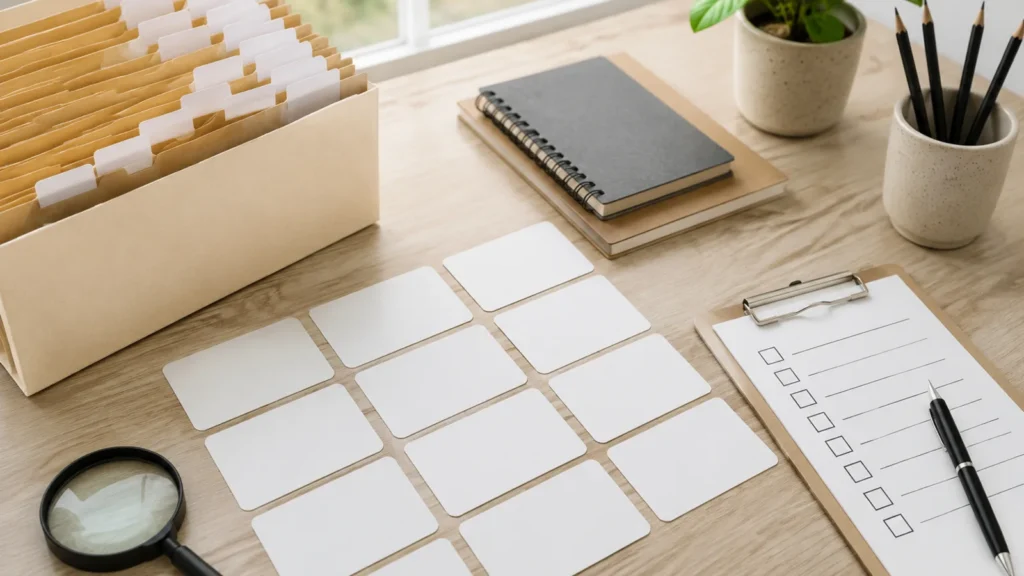 Organised catalogue index cards and checklist